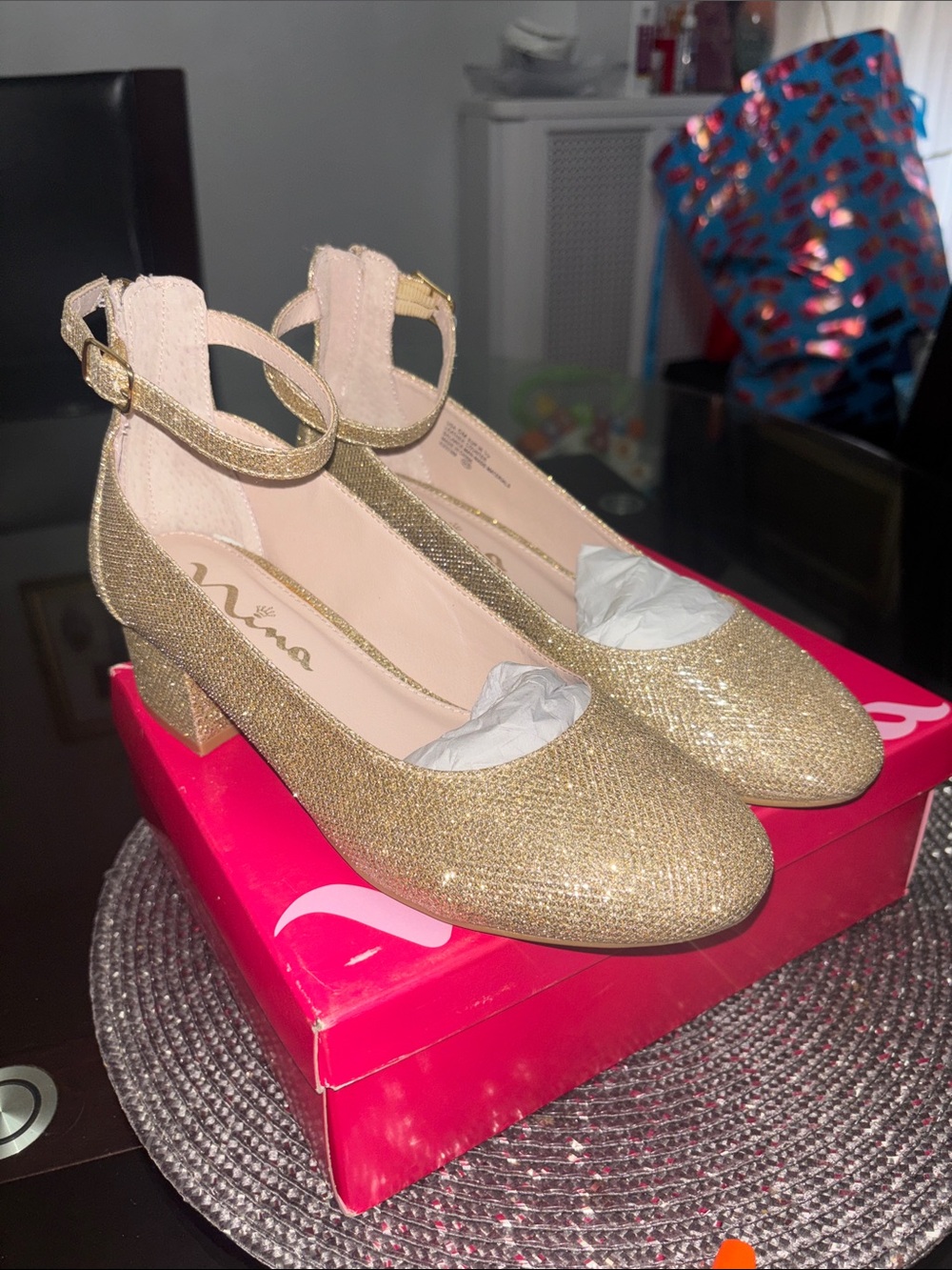 Nina Gold Glitter Ankle-Strap Pumps